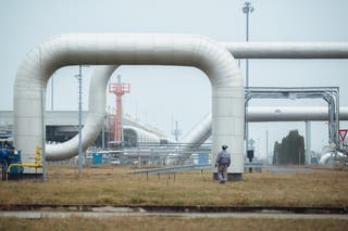 A worker carries out maintenance tasks at the Eustream gas facility in Velke Kapusany, Slovakia